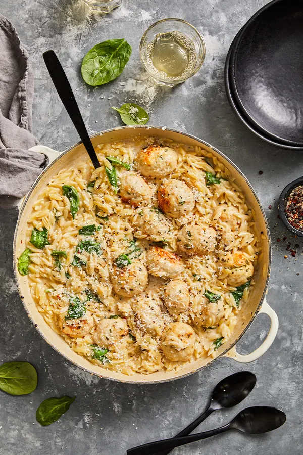 baked chicken meatballs with orzo and parmesan cream sauce